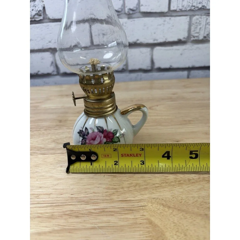 Napco China Rosebud Oil Lamp Finger Lamp Gold 8” Mini Hurricane Lamp Unused Vtg